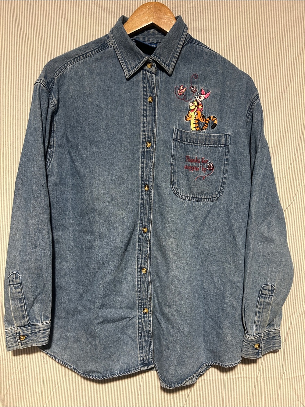 Vintage Disney Women's Denim Long-Sleeve Shirt with Tigger Embroidery - Blue